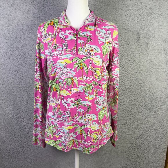 IBKUL Top Womens Small Pink Island Print 1/4 Zip Mesh Performance Golf UPF 50+ - Picture 1 of 8